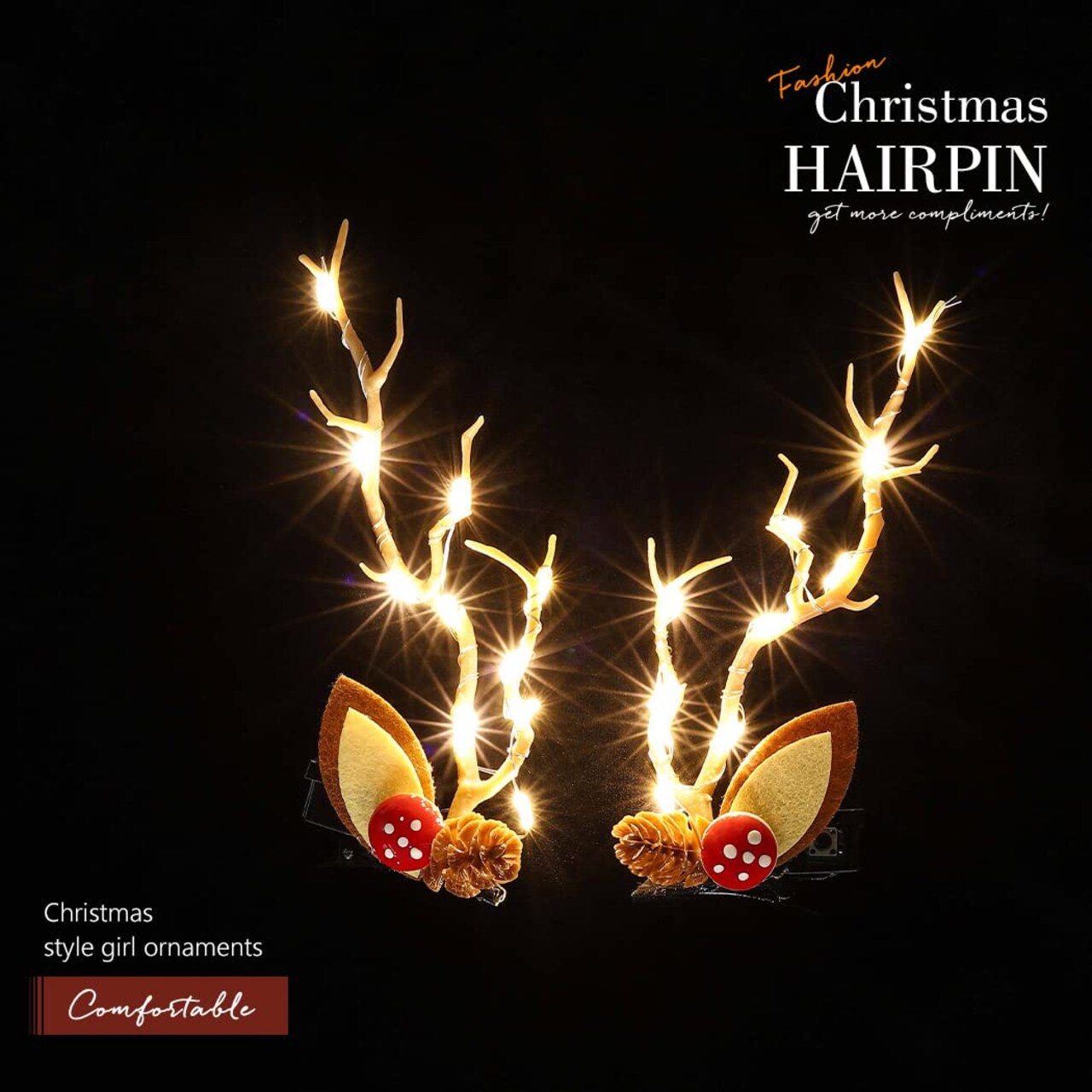 LED Light Christmas Hair Clips Reindeer Antlers Xmas Hairpins Hair Barrettes Cute Party Cosplay Head Pieces Hair Accessories for Women and Girls (Pack of 2)